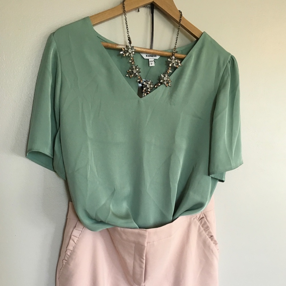 Express Satin V Neck Blouse in Sage Mist